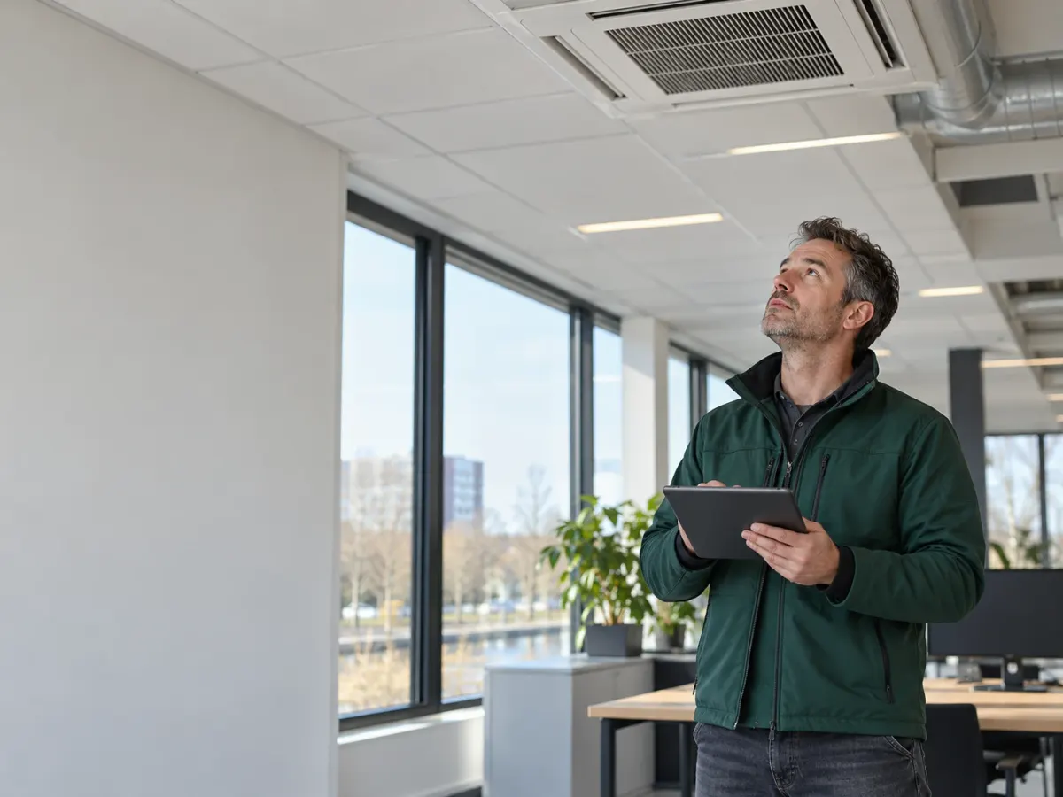 Energieadviseur controleert de ventilatie in een kantoorpand en noteert de gegevens op zijn tablet
