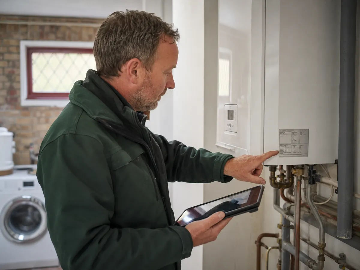 Energieadviseur controleert het typeplaatje van de cv-ketel en noteert het op zijn tablet