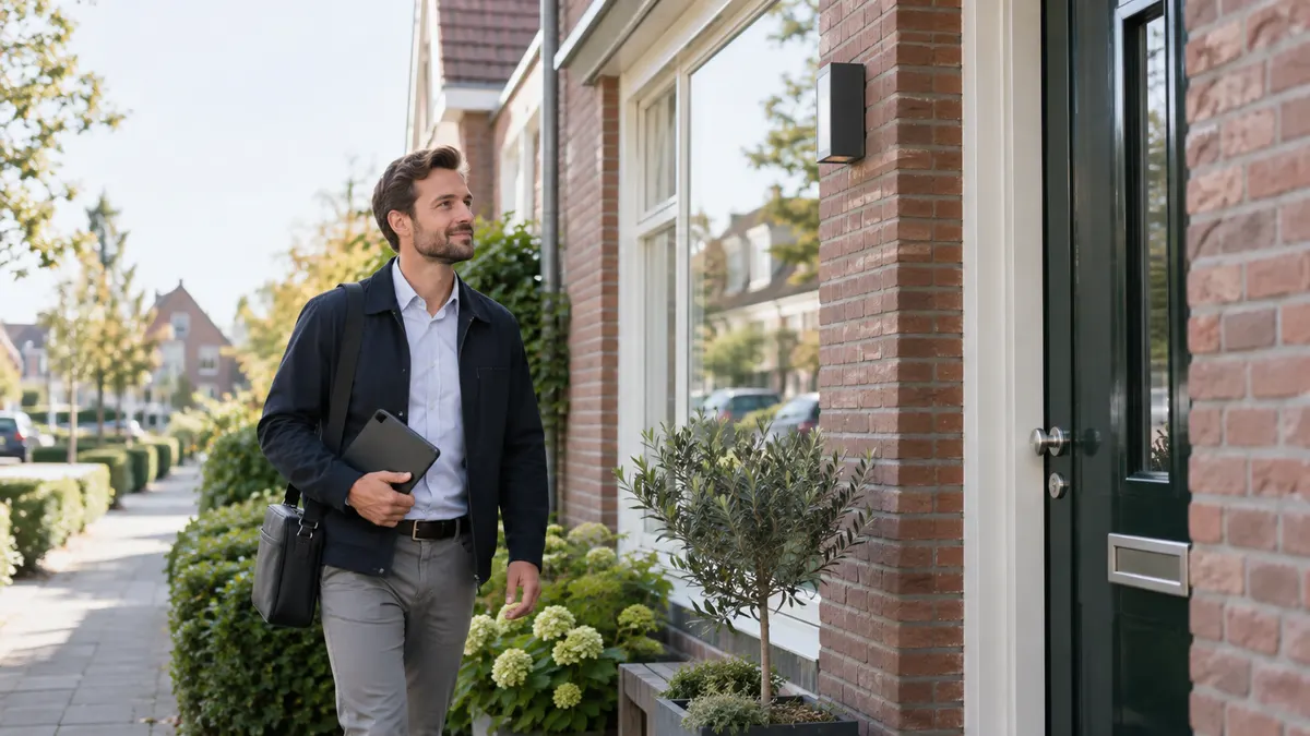 Een gecertificeerde energieadviseur komt aan bij een woning in Nederland voor de inspectie.